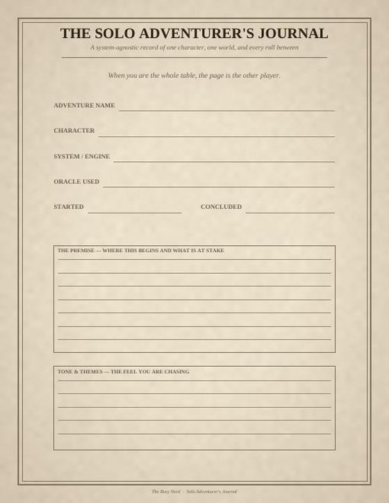 An interior page of the Solo Adventurer's Journal on parchment