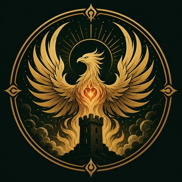 The AetherHold seal: a gilded phoenix with a heart of flame rising over a stone hold