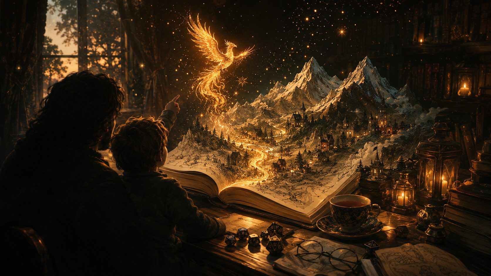 A parent and child watch a golden world of mountains, villages, and a phoenix rise from the pages of an open journal in a candlelit study